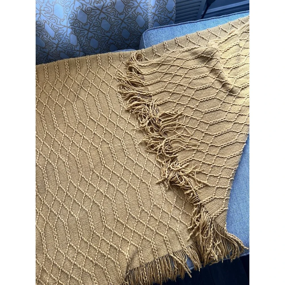 Cozy Mustard Yellow Fringe Throw Blanket 47 X 63”